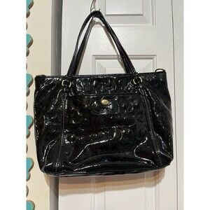 AUTHENTIC COACH OP ART GLOSSY PATENT LEATHER LARGE TOTE BAG PURSE F26038 BLACK